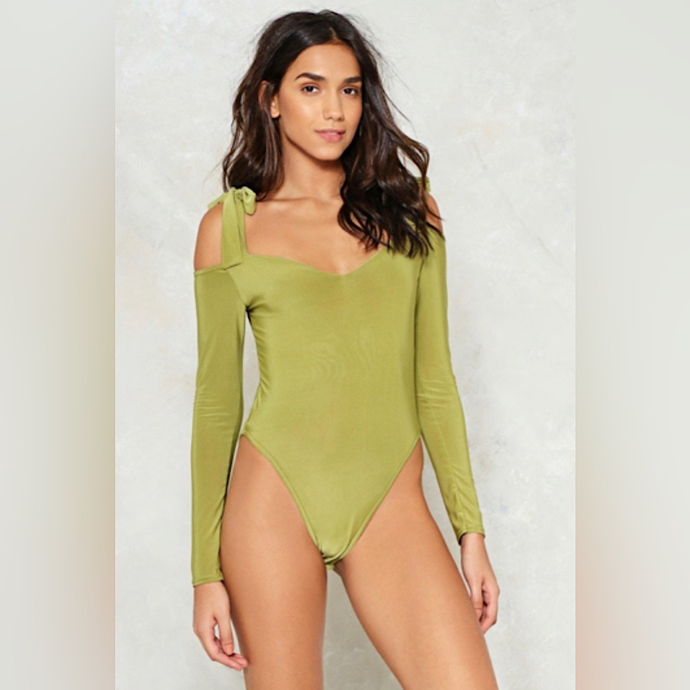 Nasty Gal Olive Green Shoulder Tie Bodysuit
